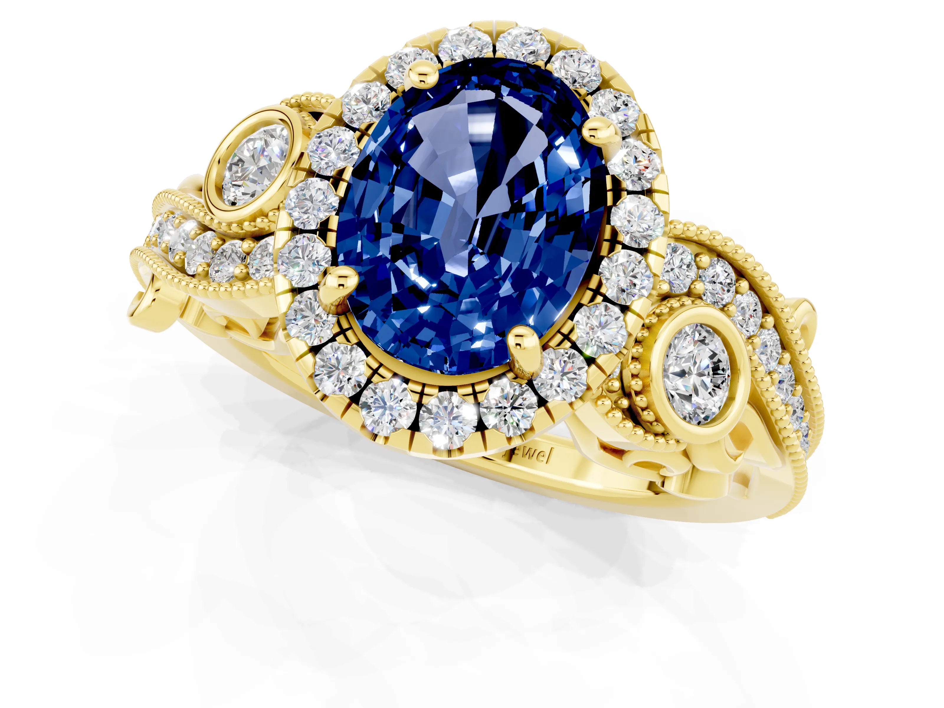 Yellow gold Oval Cut Blue Sapphire Halo Ring with Milgrain Pavé Band and Four-Prong Setting_13