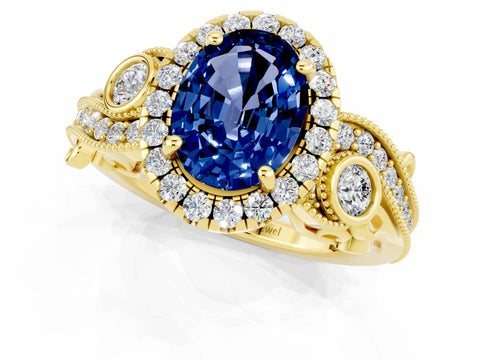 Yellow gold Oval Cut Blue Sapphire Halo Ring with Milgrain Pavé Band and Four-Prong Setting_13