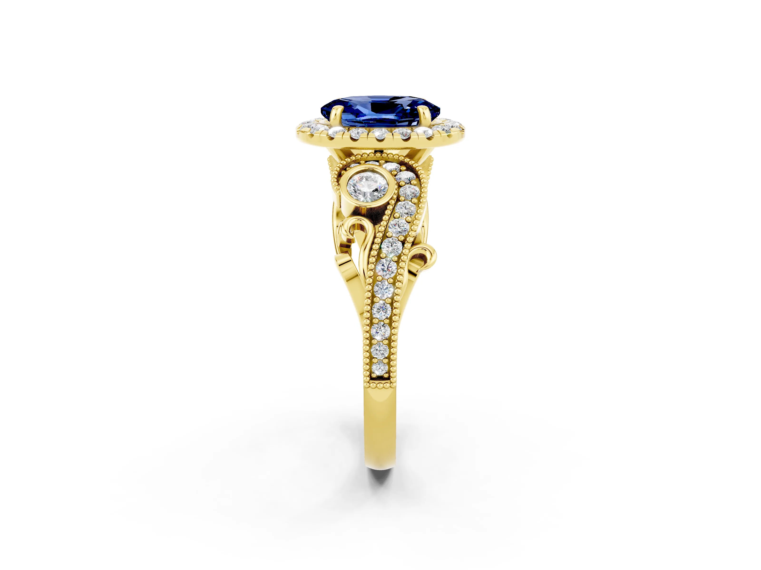 Yellow gold Oval Cut Blue Sapphire Halo Ring with Milgrain Pavé Band and Four-Prong Setting_14