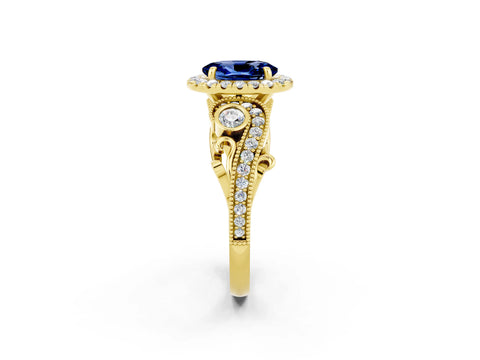Yellow gold Oval Cut Blue Sapphire Halo Ring with Milgrain Pavé Band and Four-Prong Setting_14