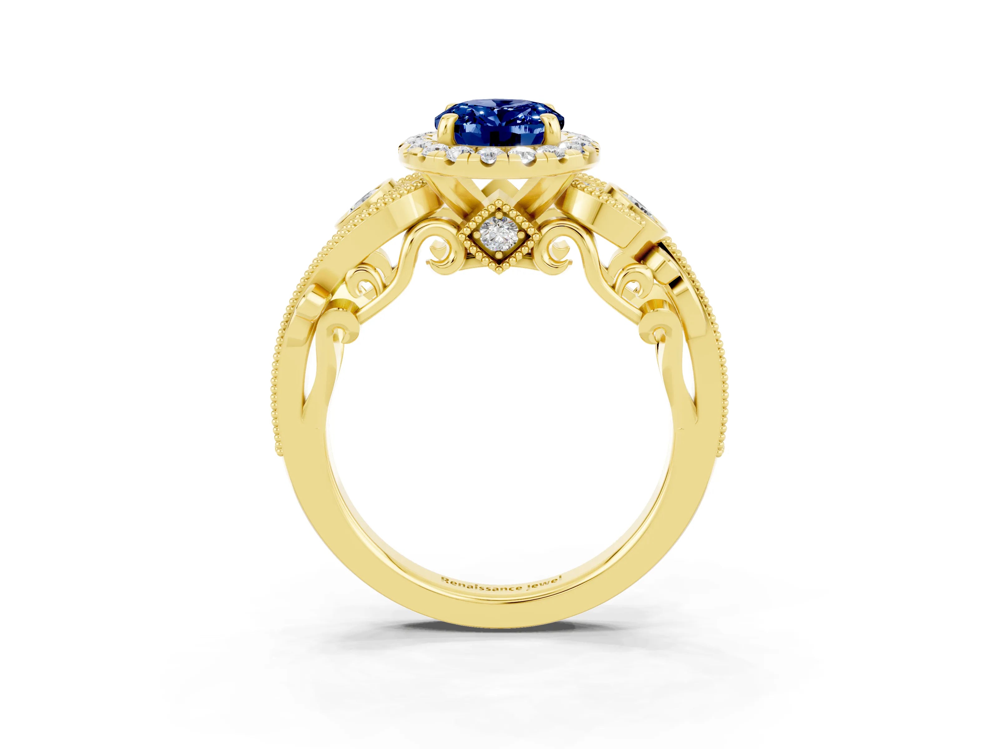 Yellow gold Oval Cut Blue Sapphire Halo Ring with Milgrain Pavé Band and Four-Prong Setting_15