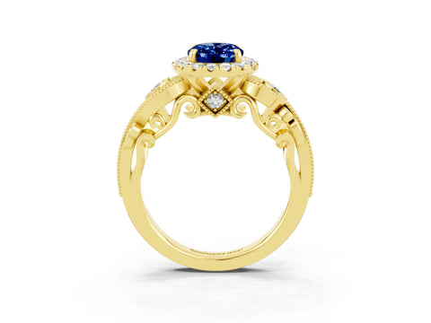 Yellow gold Oval Cut Blue Sapphire Halo Ring with Milgrain Pavé Band and Four-Prong Setting_15