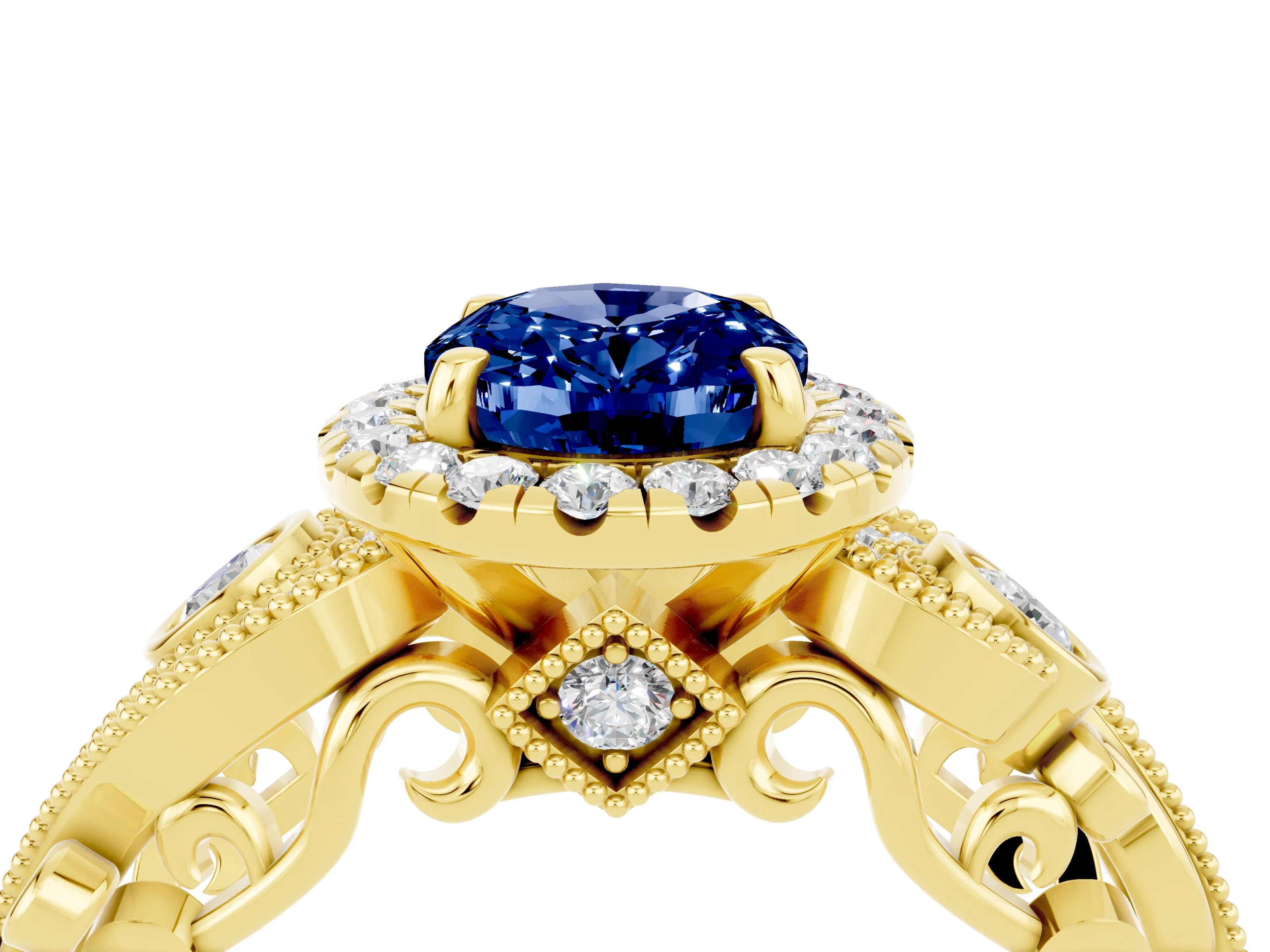Yellow gold Oval Cut Blue Sapphire Halo Ring with Milgrain Pavé Band and Four-Prong Setting_16