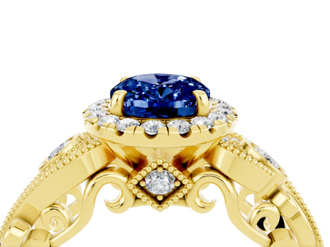 Yellow gold Oval Cut Blue Sapphire Halo Ring with Milgrain Pavé Band and Four-Prong Setting_16