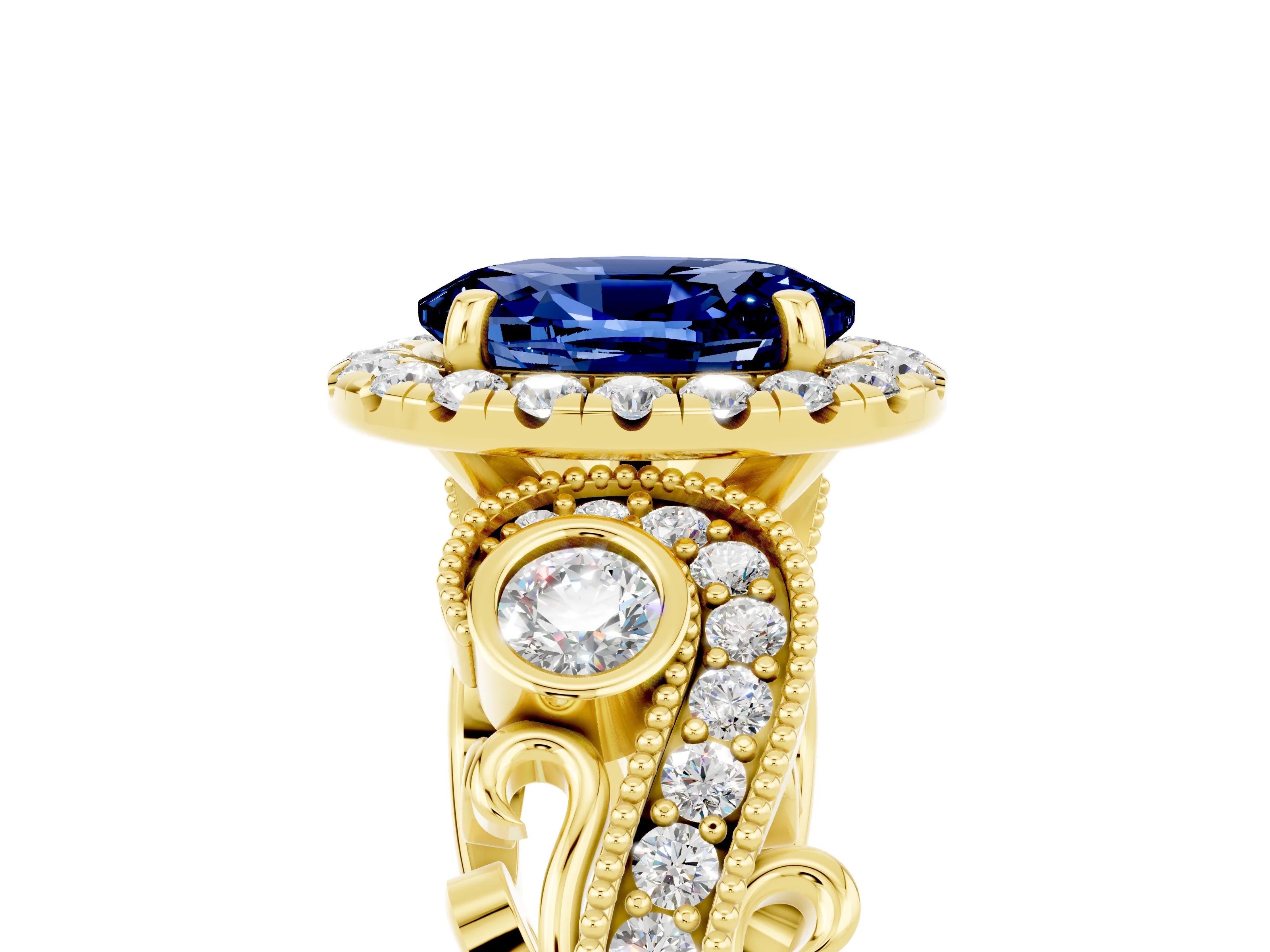 Yellow gold Oval Cut Blue Sapphire Halo Ring with Milgrain Pavé Band and Four-Prong Setting_17