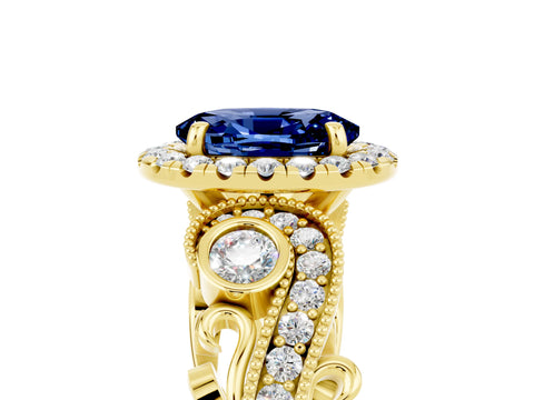 Yellow gold Oval Cut Blue Sapphire Halo Ring with Milgrain Pavé Band and Four-Prong Setting_17