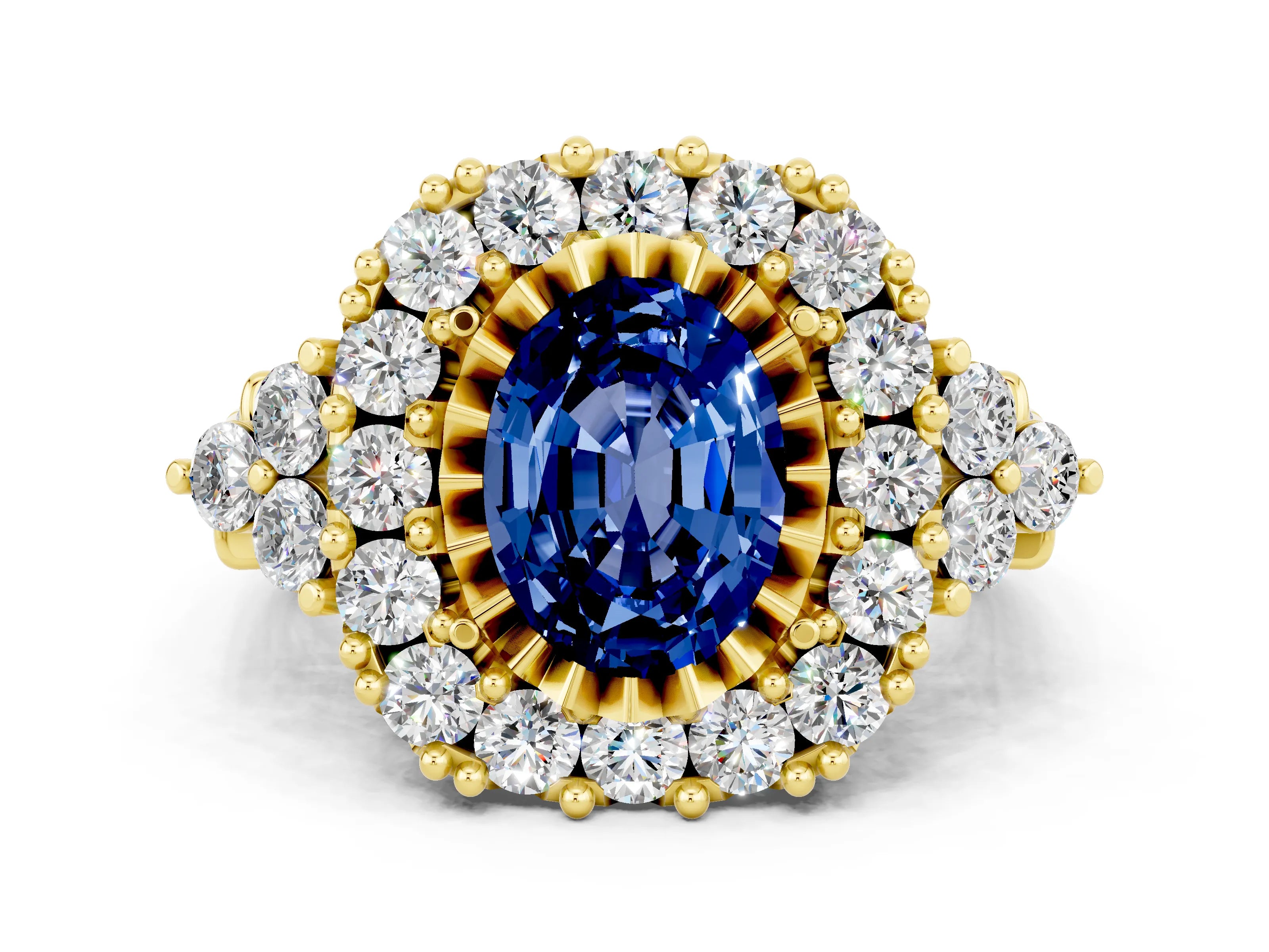 Yellow gold Oval Cut Blue Sapphire Halo Ring with Pavé Band and Four-Prong Setting_12