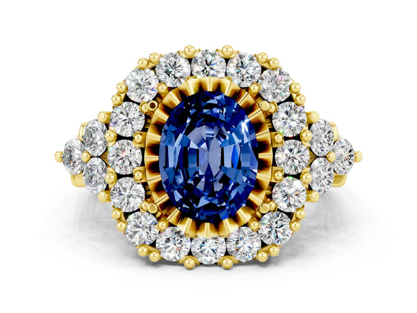 Yellow gold Oval Cut Blue Sapphire Halo Ring with Pavé Band and Four-Prong Setting