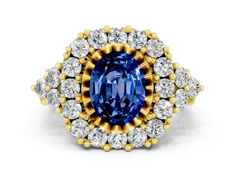Yellow gold Oval Cut Blue Sapphire Halo Ring with Pavé Band and Four-Prong Setting_12