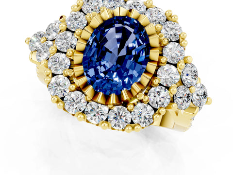 Yellow gold Oval Cut Blue Sapphire Halo Ring with Pavé Band and Four-Prong Setting_13