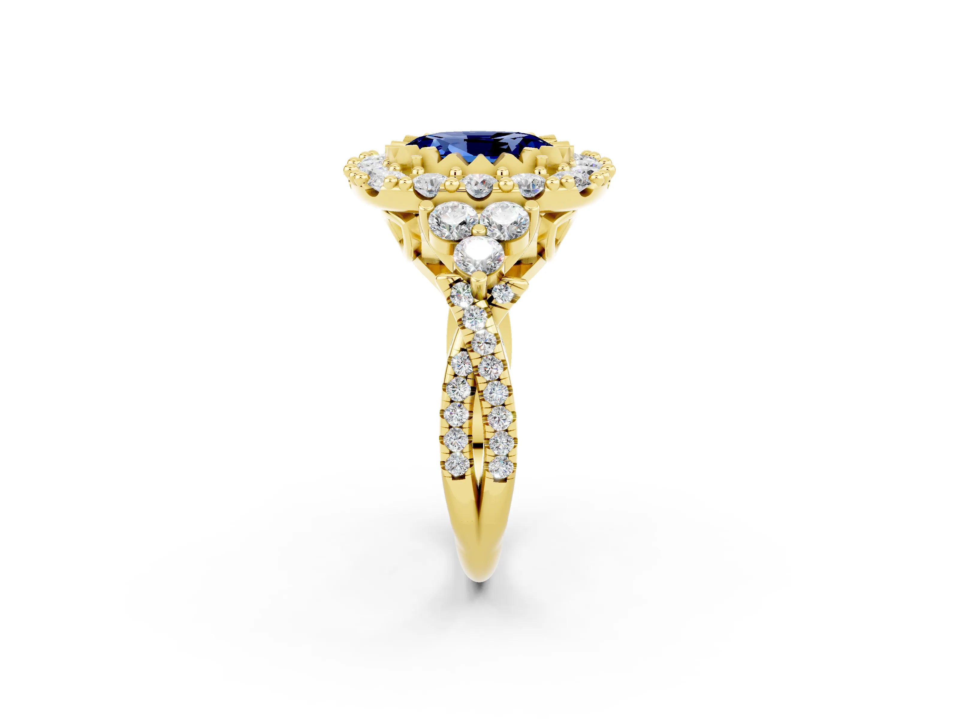 Yellow gold Oval Cut Blue Sapphire Halo Ring with Pavé Band and Four-Prong Setting_14