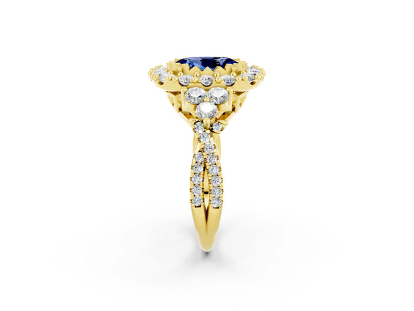 Yellow gold Oval Cut Blue Sapphire Halo Ring with Pavé Band and Four-Prong Setting