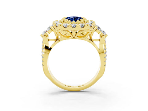 Yellow gold Oval Cut Blue Sapphire Halo Ring with Pavé Band and Four-Prong Setting_15