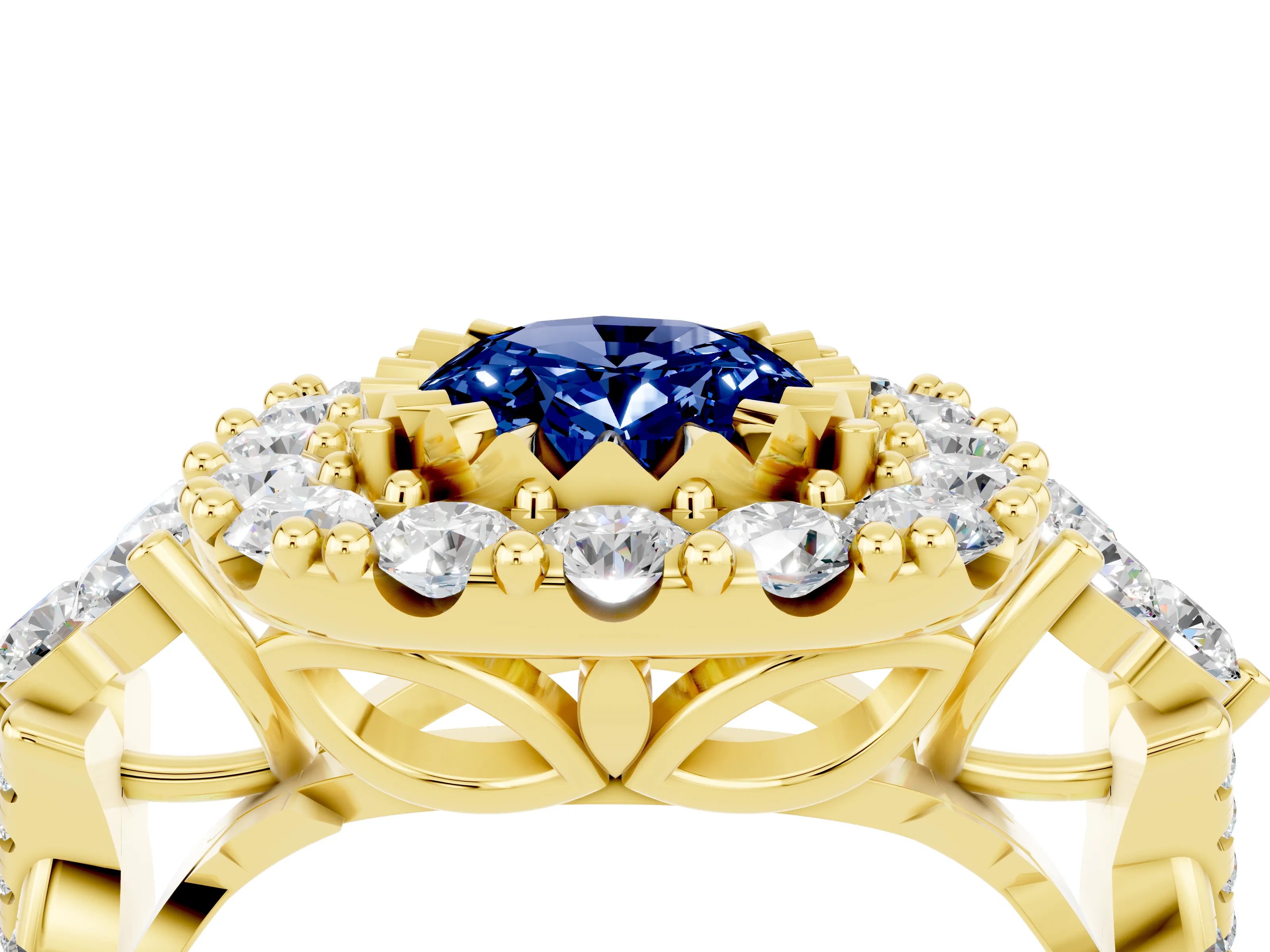 Yellow gold Oval Cut Blue Sapphire Halo Ring with Pavé Band and Four-Prong Setting_16