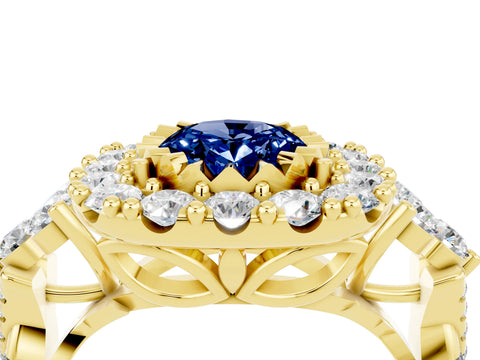 Yellow gold Oval Cut Blue Sapphire Halo Ring with Pavé Band and Four-Prong Setting_16