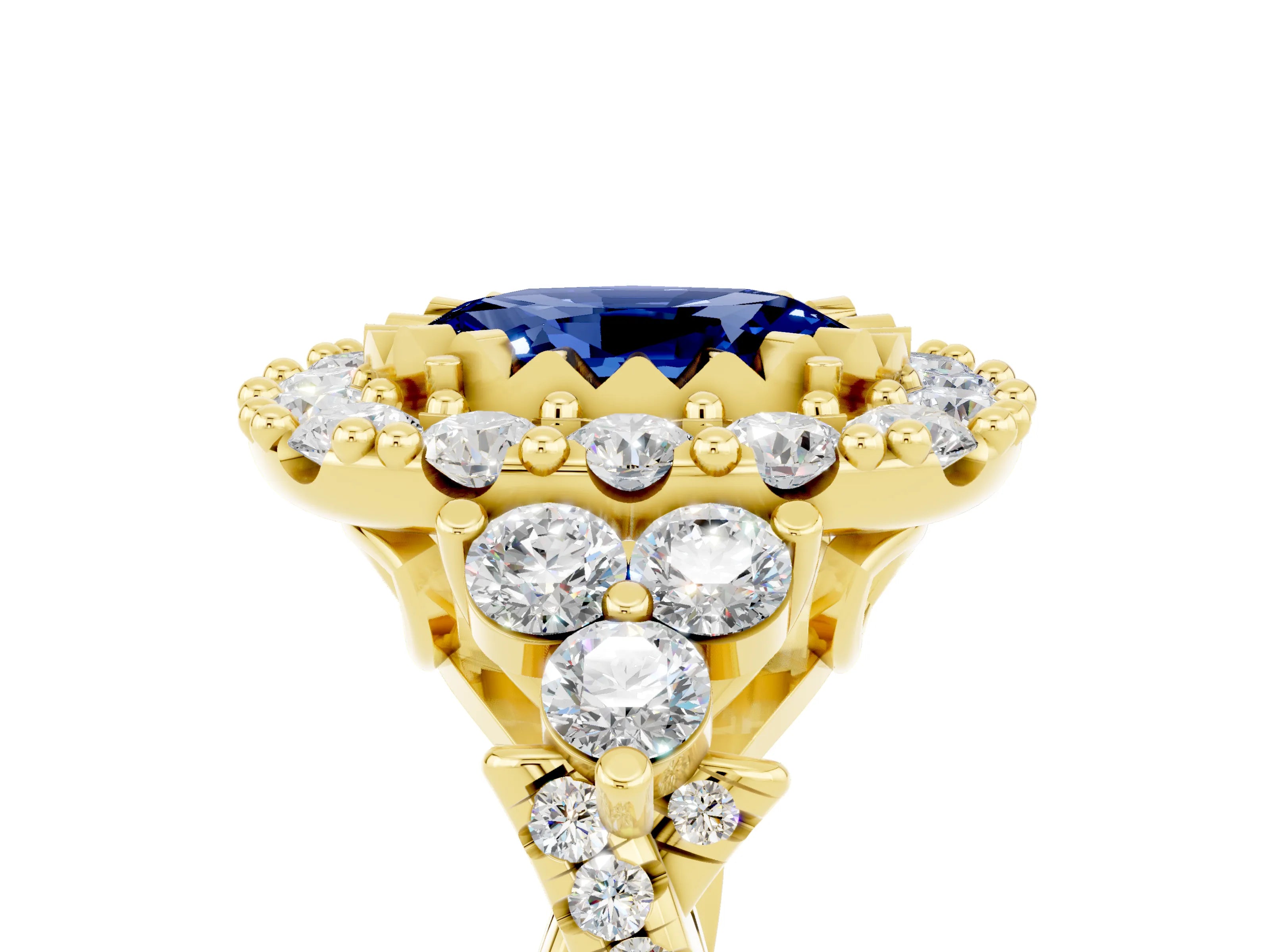 Yellow gold Oval Cut Blue Sapphire Halo Ring with Pavé Band and Four-Prong Setting_17