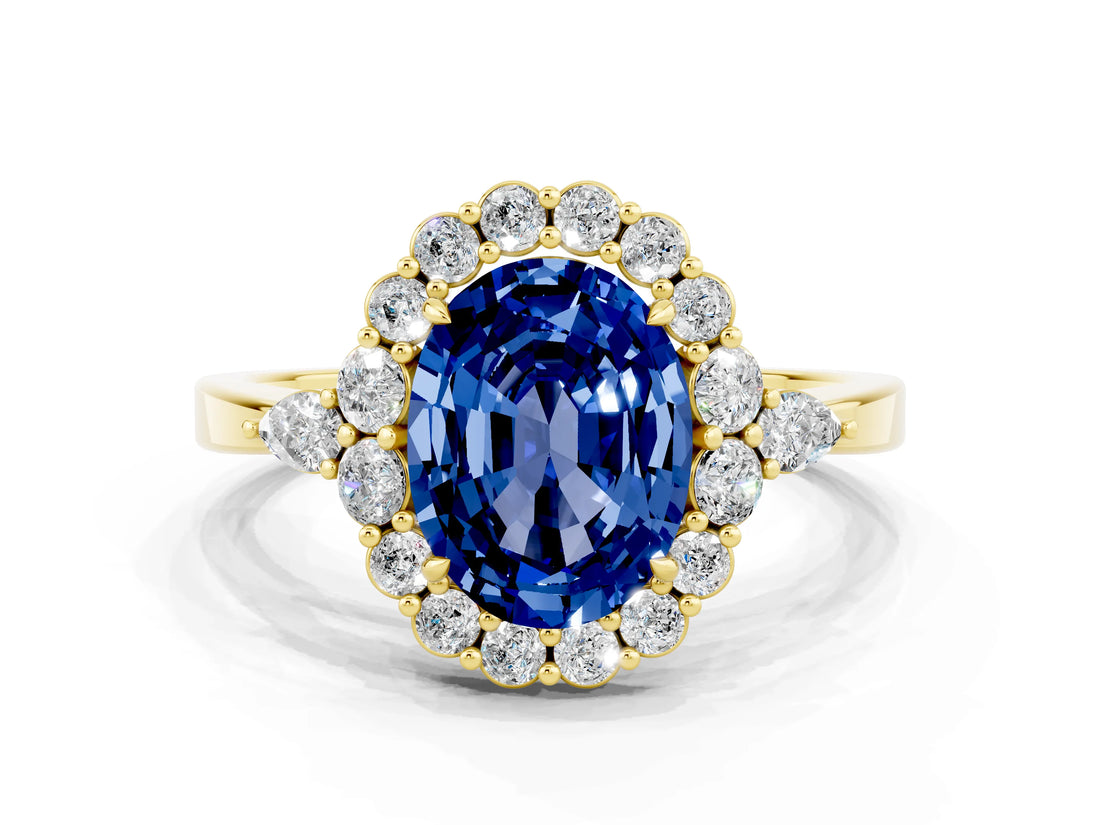 10K Yellow Gold Blue Sapphire Halo Ring with Pear Side Stones and Prong Setting