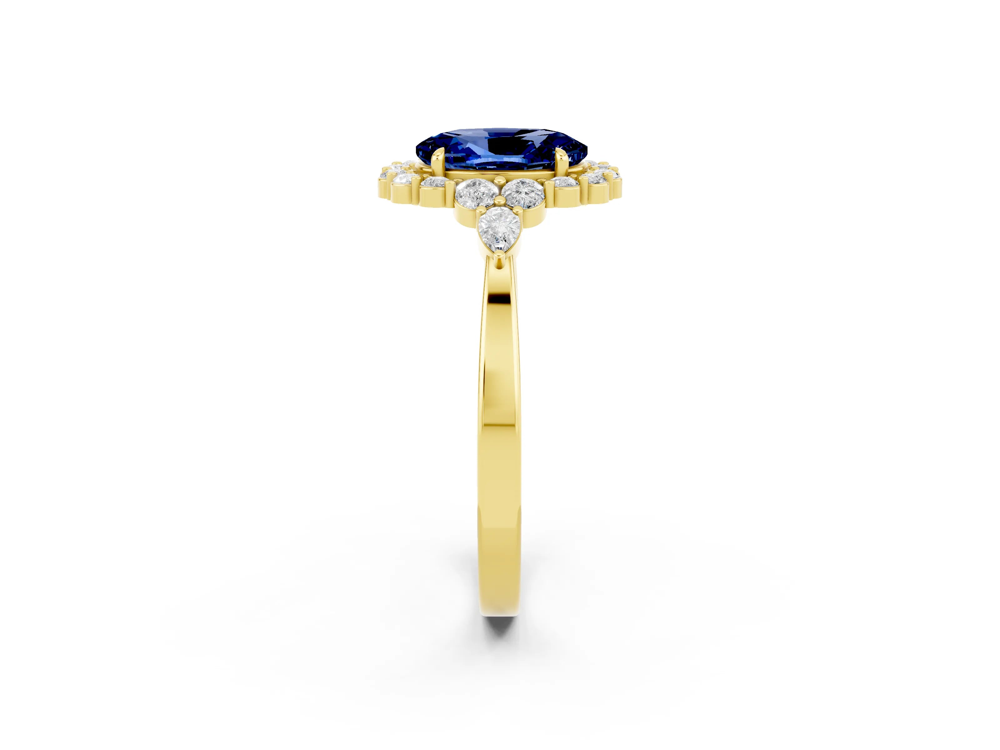 Yellow gold Oval Cut Blue Sapphire Halo Ring with Pear Side Stones and Prong Setting_14