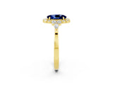 10K Yellow Gold Blue Sapphire Halo Ring with Pear Side Stones and Prong Setting