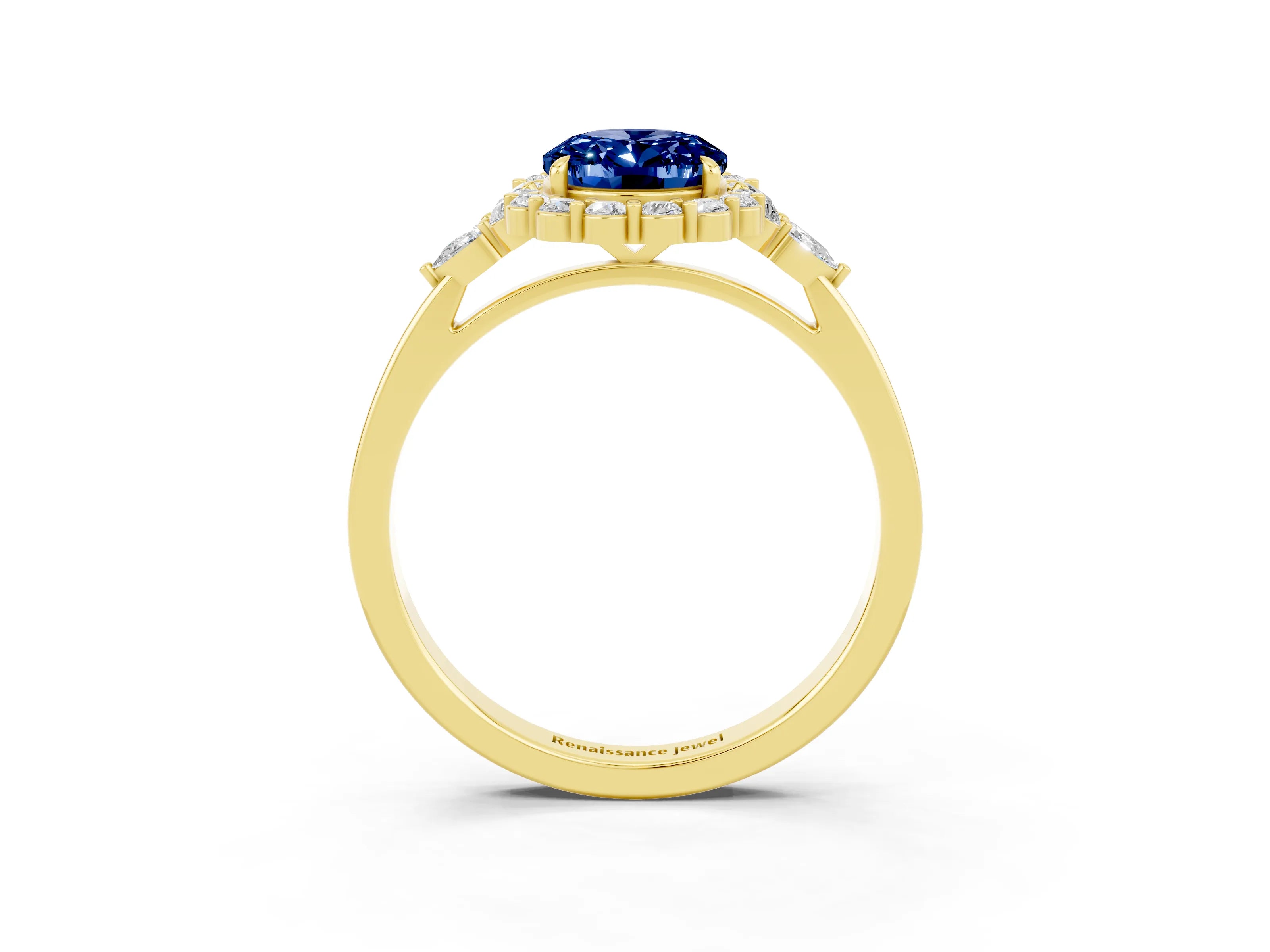 Yellow gold Oval Cut Blue Sapphire Halo Ring with Pear Side Stones and Prong Setting_15