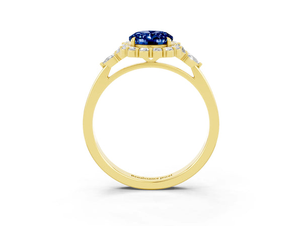 Yellow gold Oval Cut Blue Sapphire Halo Ring with Pear Side Stones and Prong Setting