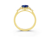 10K Yellow Gold Blue Sapphire Halo Ring with Pear Side Stones and Prong Setting