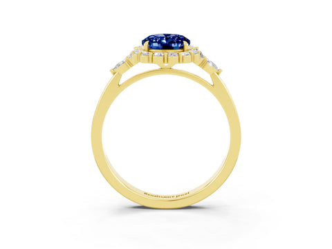 Yellow gold Oval Cut Blue Sapphire Halo Ring with Pear Side Stones and Prong Setting_15