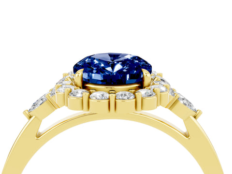 Yellow gold Oval Cut Blue Sapphire Halo Ring with Pear Side Stones and Prong Setting_16