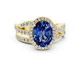 Yellow gold Oval Cut Blue Sapphire Halo Ring with Round Split Shank and Prong Setting_48