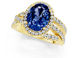 Yellow gold Oval Cut Blue Sapphire Halo Ring with Round Split Shank and Prong Setting_49