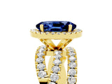Yellow gold Oval Cut Blue Sapphire Halo Ring with Round Split Shank and Prong Setting_53