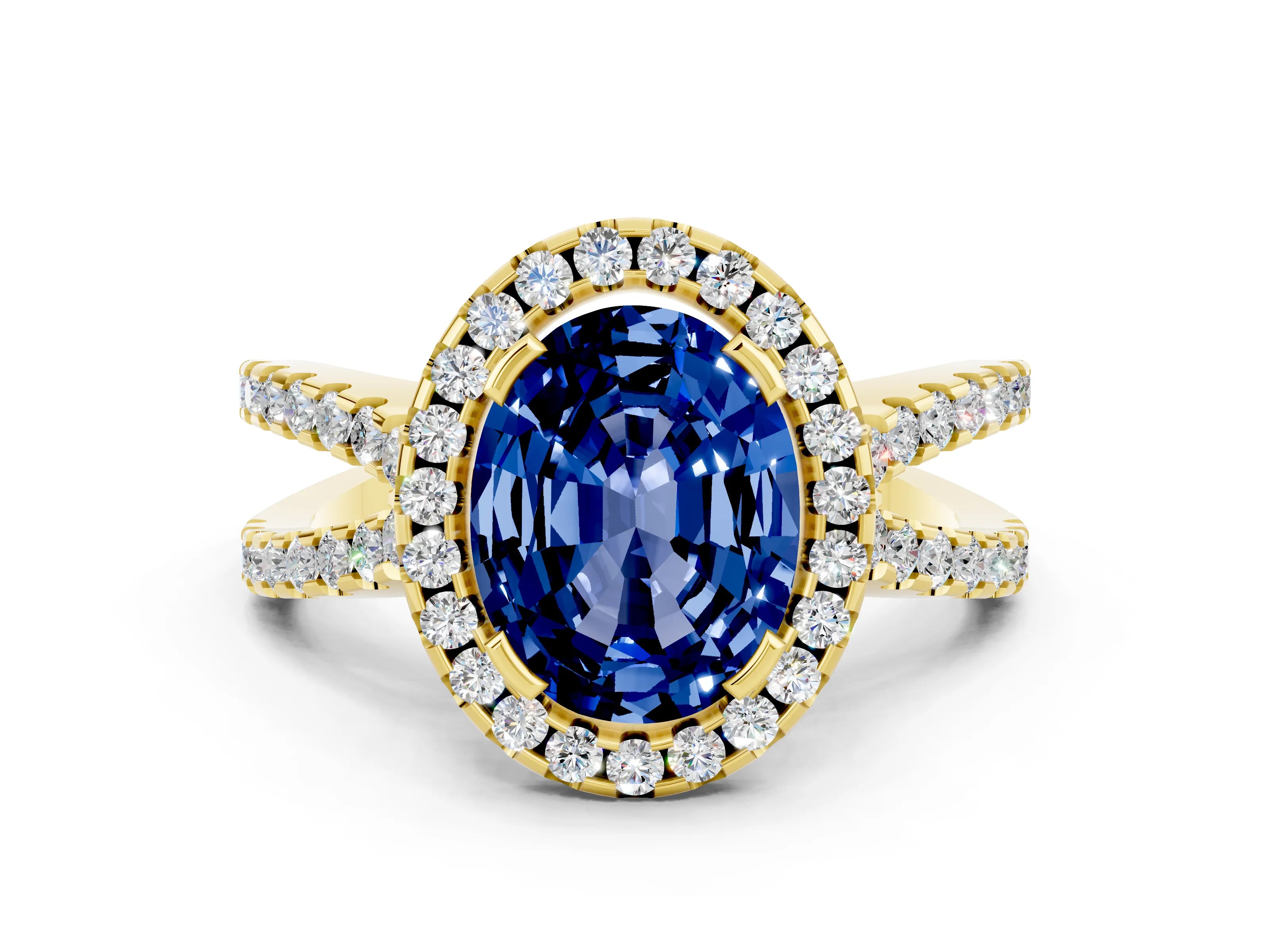 Yellow gold Oval Cut Blue Sapphire Halo Ring with Split Shank Pavé Band and Prong Setting