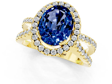 Yellow gold Oval Cut Blue Sapphire Halo Ring with Split Shank Pavé Band and Prong Setting_1