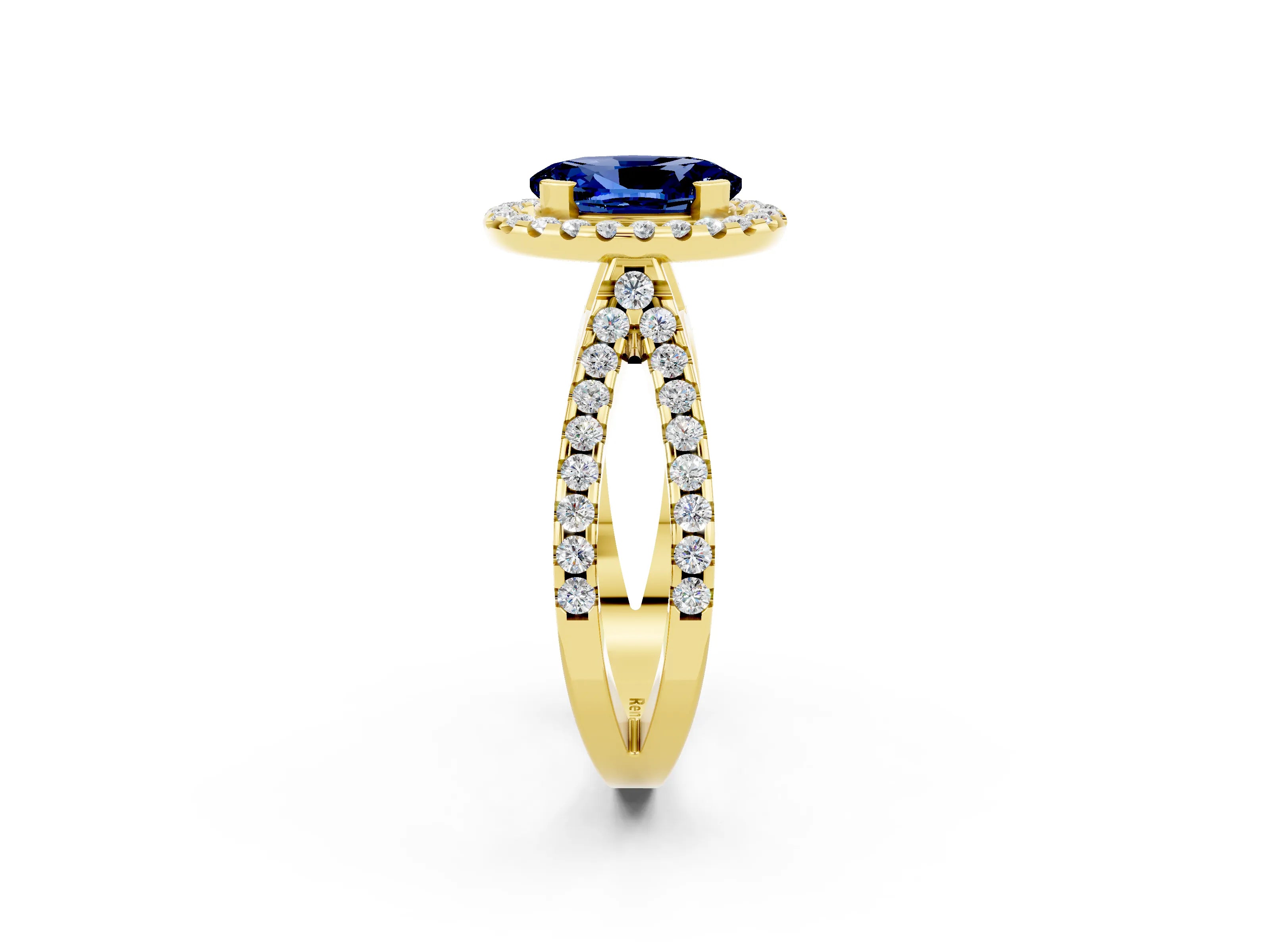 Yellow gold Oval Cut Blue Sapphire Halo Ring with Split Shank Pavé Band and Prong Setting_2