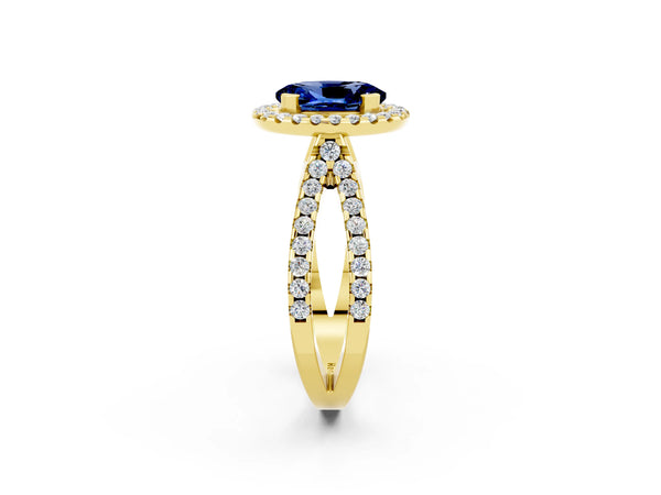 Yellow gold Oval Cut Blue Sapphire Halo Ring with Split Shank Pavé Band and Prong Setting
