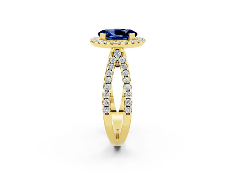 Yellow gold Oval Cut Blue Sapphire Halo Ring with Split Shank Pavé Band and Prong Setting_2