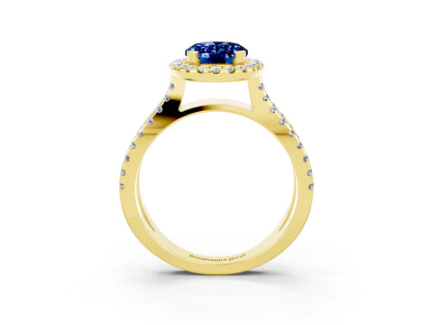 Yellow gold Oval Cut Blue Sapphire Halo Ring with Split Shank Pavé Band and Prong Setting_3