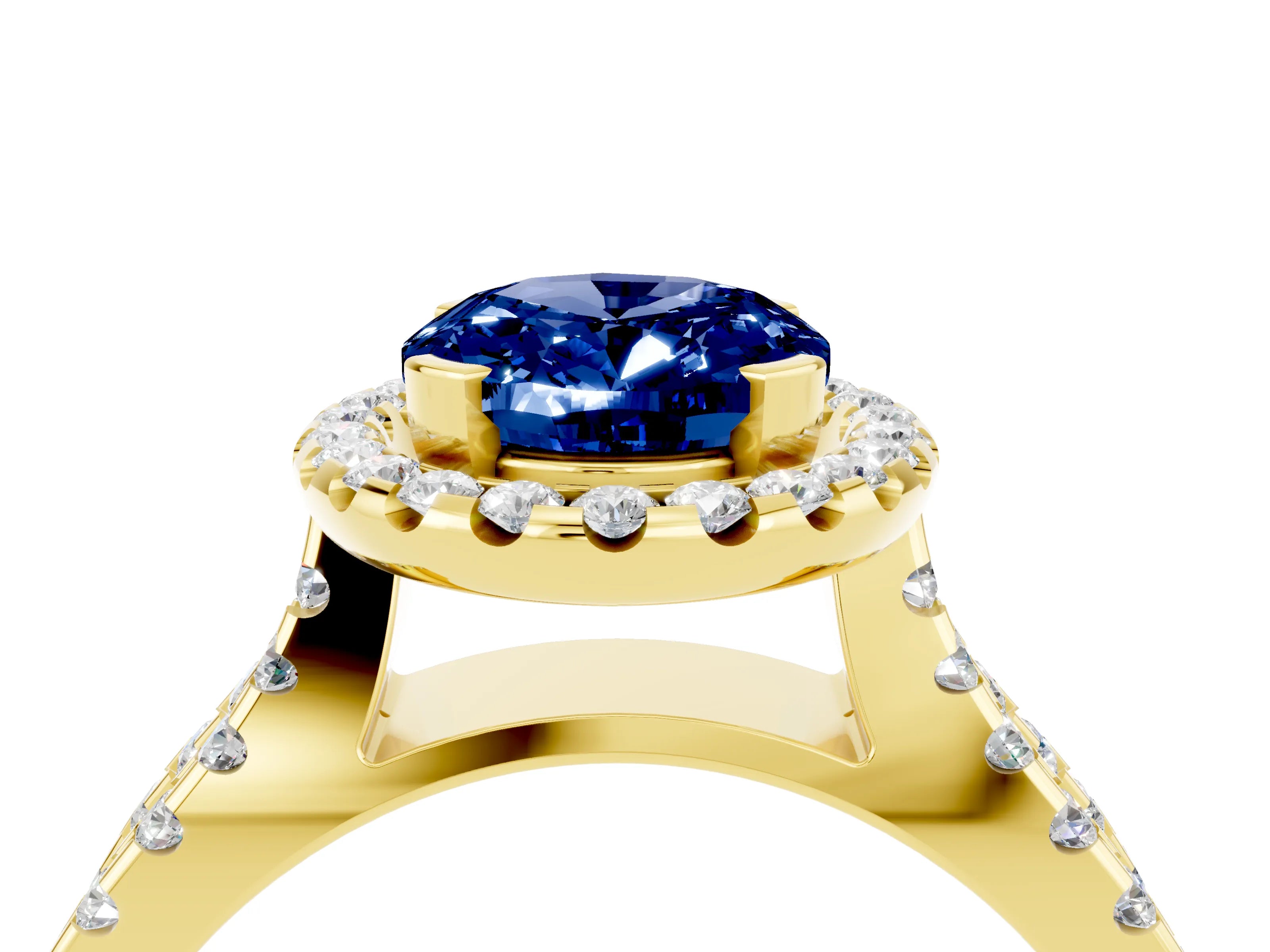 Yellow gold Oval Cut Blue Sapphire Halo Ring with Split Shank Pavé Band and Prong Setting_4