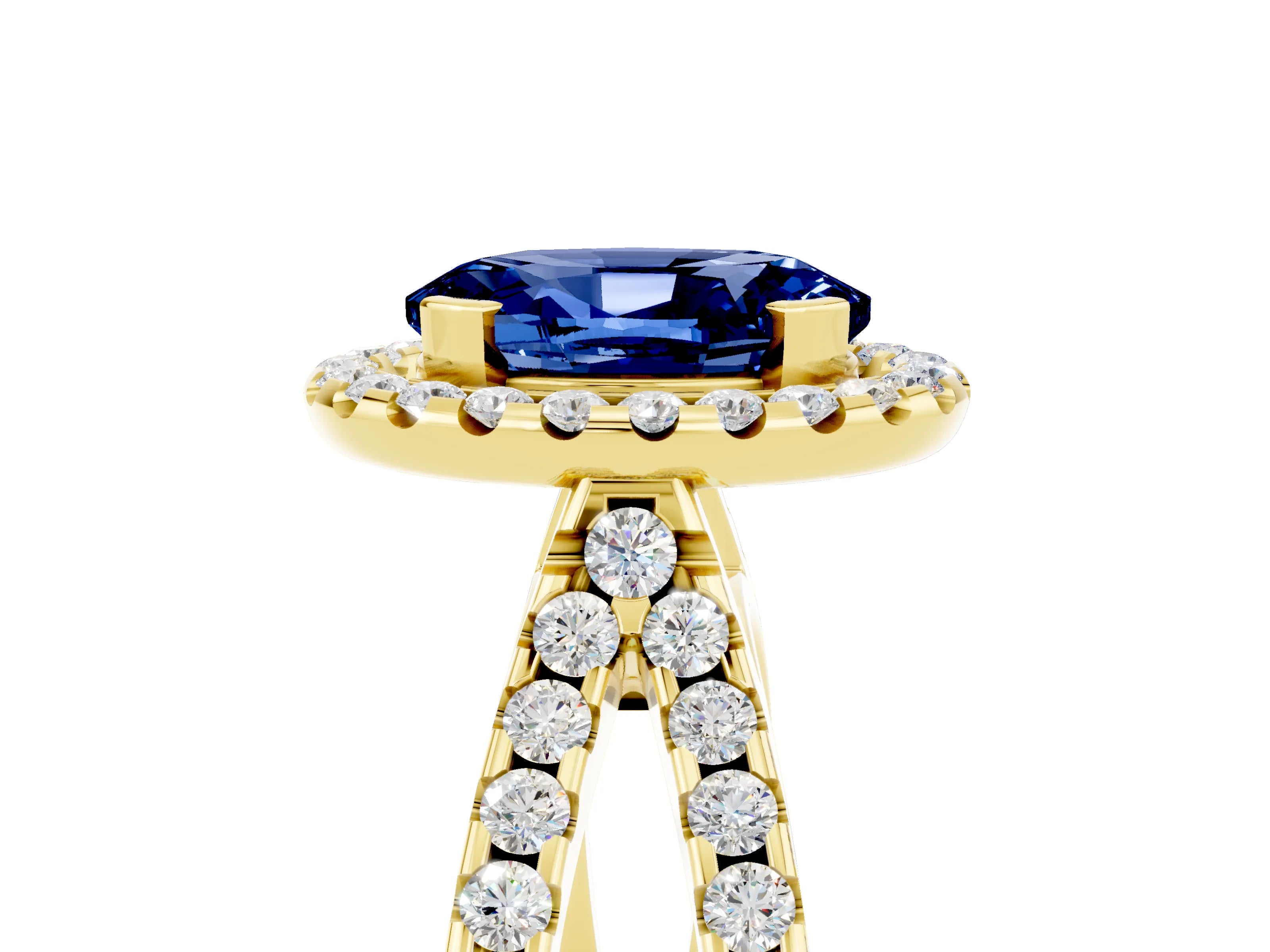 Yellow gold Oval Cut Blue Sapphire Halo Ring with Split Shank Pavé Band and Prong Setting_5