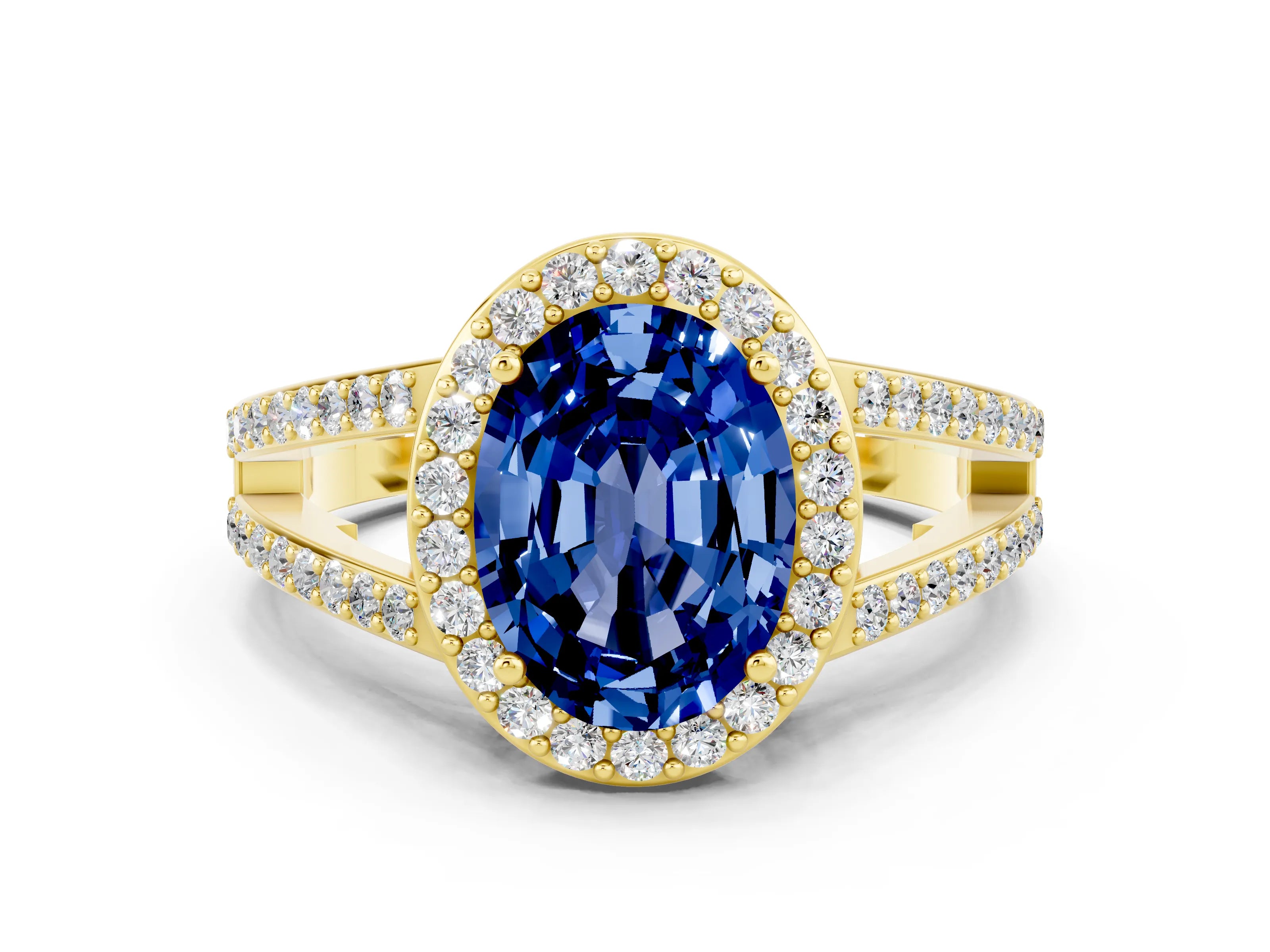 Yellow gold Oval Cut Blue Sapphire Halo Ring with Split Shank U-Prong Band and Four-Prong Setting