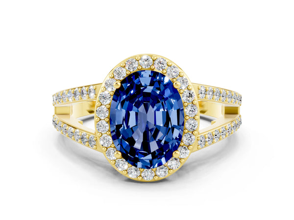 Yellow gold Oval Cut Blue Sapphire Halo Ring with Split Shank U-Prong Band and Four-Prong Setting