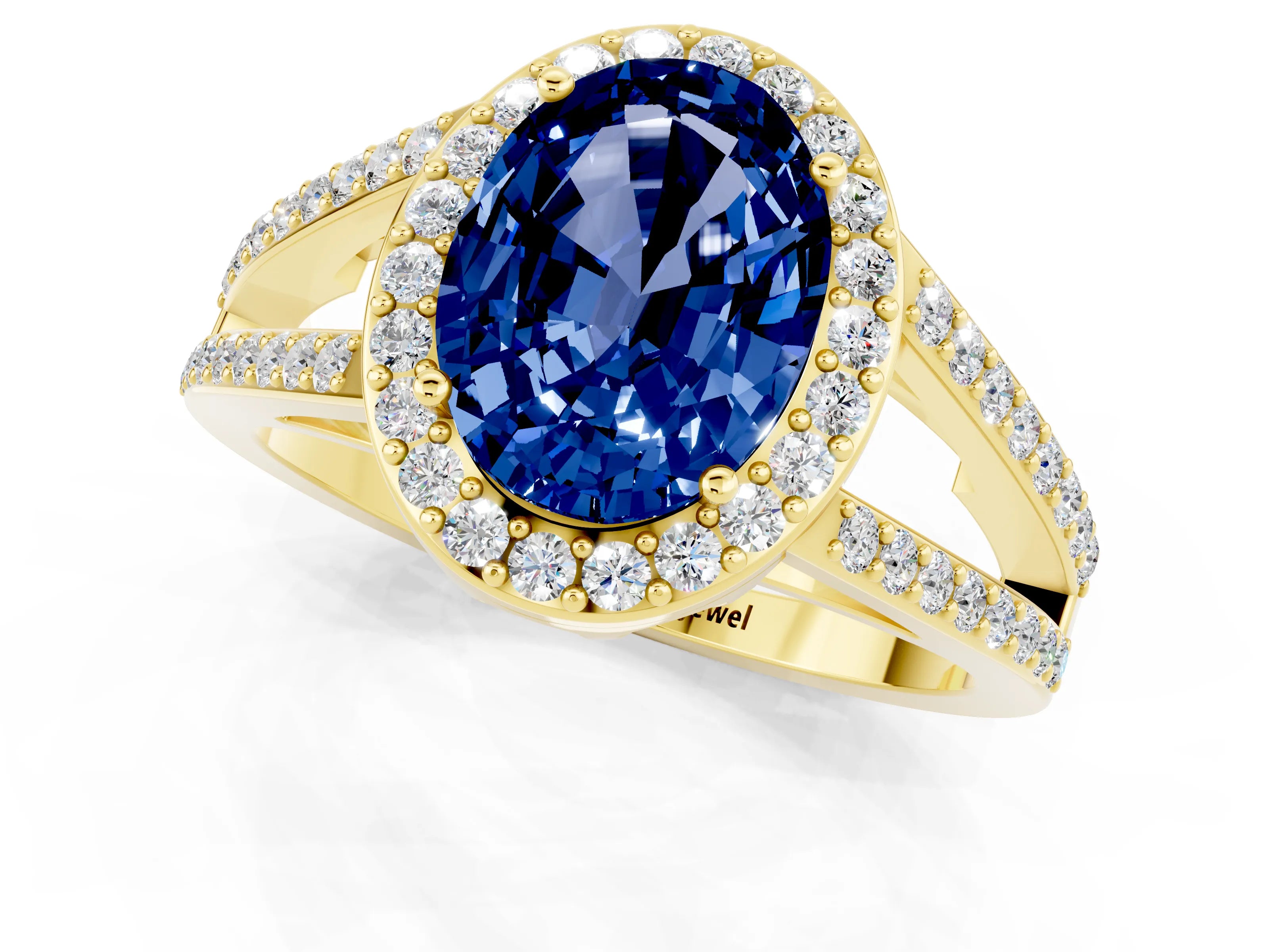 Yellow gold Oval Cut Blue Sapphire Halo Ring with Split Shank U-Prong Band and Four-Prong Setting_1