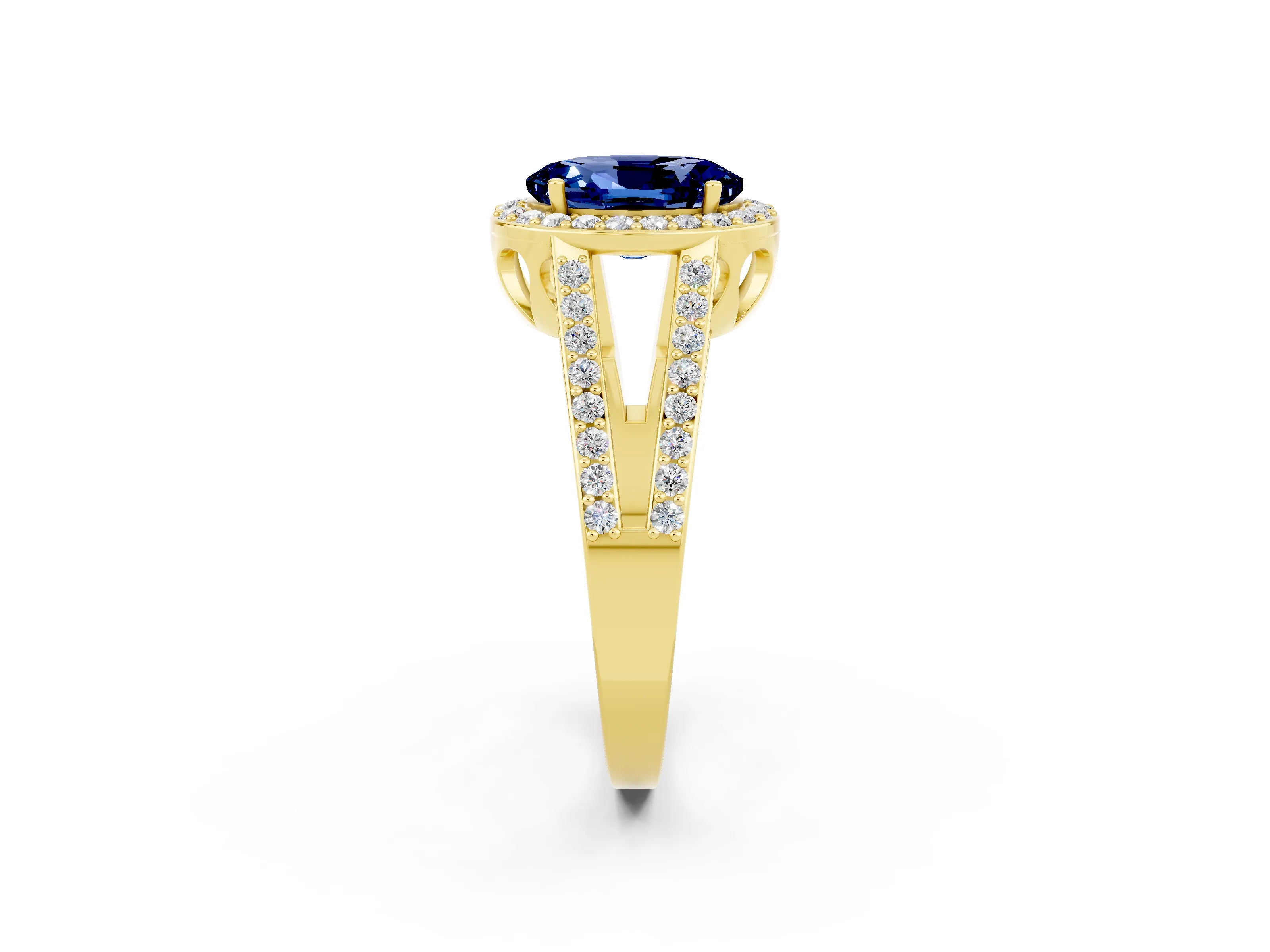 Yellow gold Oval Cut Blue Sapphire Halo Ring with Split Shank U-Prong Band and Four-Prong Setting_2