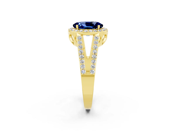 Yellow gold Oval Cut Blue Sapphire Halo Ring with Split Shank U-Prong Band and Four-Prong Setting