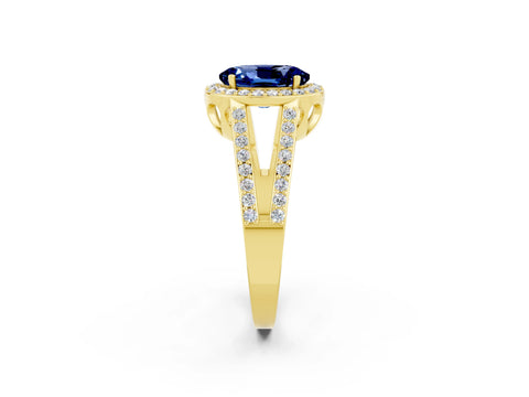 Yellow gold Oval Cut Blue Sapphire Halo Ring with Split Shank U-Prong Band and Four-Prong Setting_2