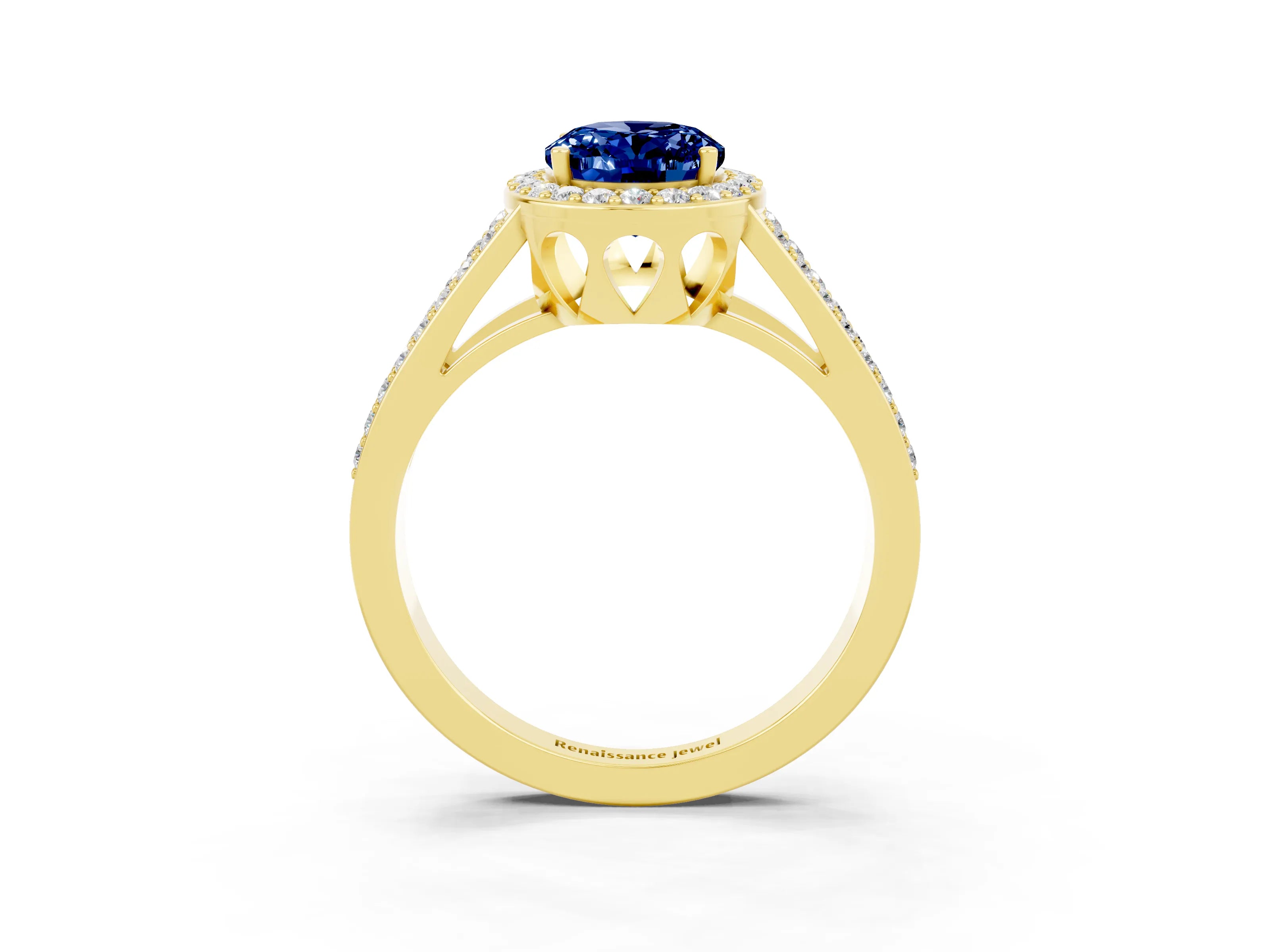 Yellow gold Oval Cut Blue Sapphire Halo Ring with Split Shank U-Prong Band and Four-Prong Setting_3