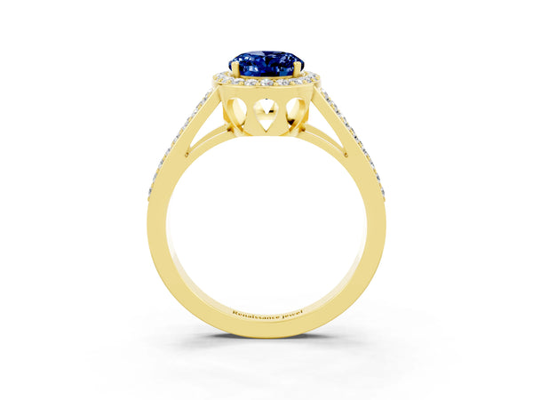 Yellow gold Oval Cut Blue Sapphire Halo Ring with Split Shank U-Prong Band and Four-Prong Setting
