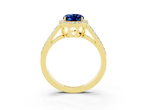 Yellow gold Oval Cut Blue Sapphire Halo Ring with Split Shank U-Prong Band and Four-Prong Setting_3