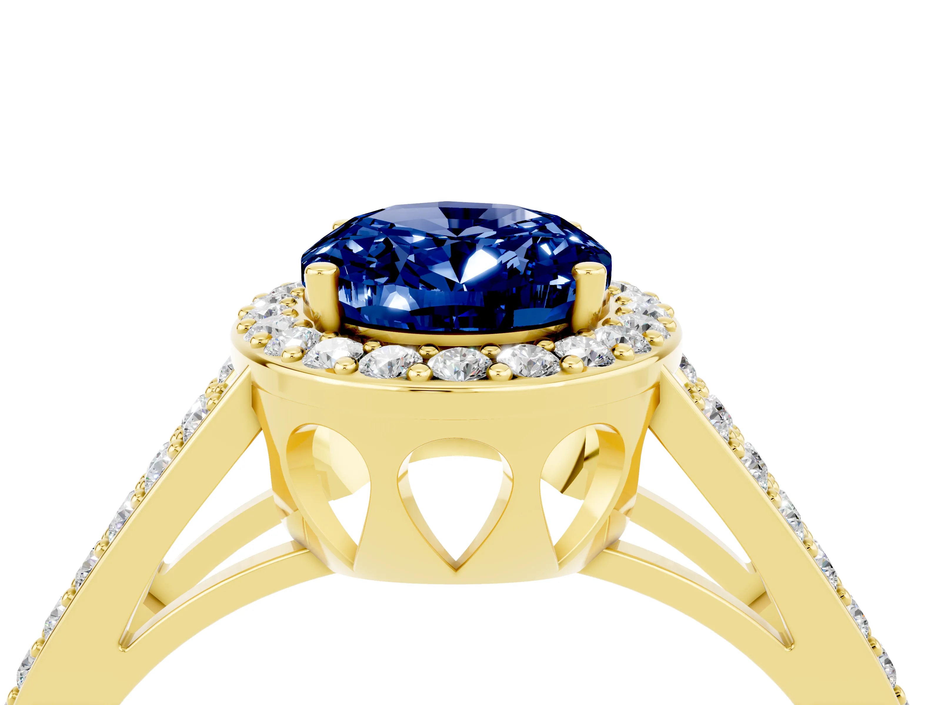 Yellow gold Oval Cut Blue Sapphire Halo Ring with Split Shank U-Prong Band and Four-Prong Setting_4