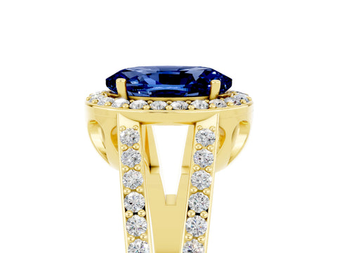 Yellow gold Oval Cut Blue Sapphire Halo Ring with Split Shank U-Prong Band and Four-Prong Setting_5